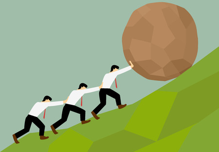 Colored cartoon of group of man try to move a stone ball to the top of the hill.のイラスト素材