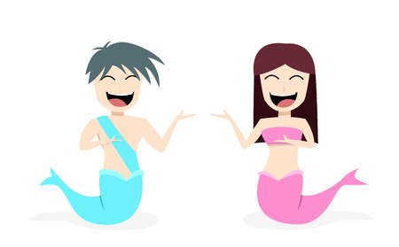 Happy Mermaid and merman on white in vector art designのイラスト素材