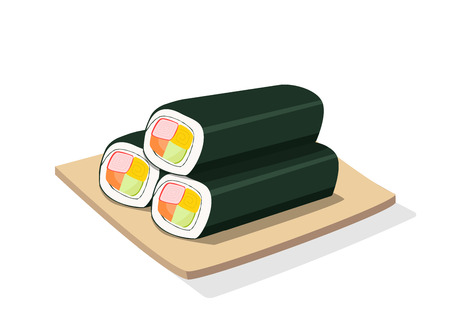 Three Sushi roll on wooden plate, isolated vector artのイラスト素材