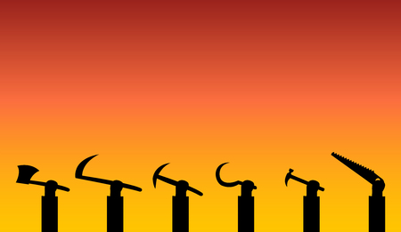 Workers show their tool up in silhouette , vectorのイラスト素材