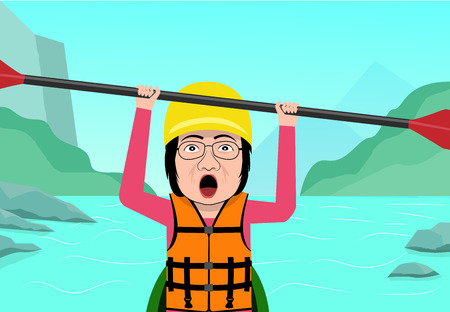 Senior woman having fun in water rafting, vector artのイラスト素材