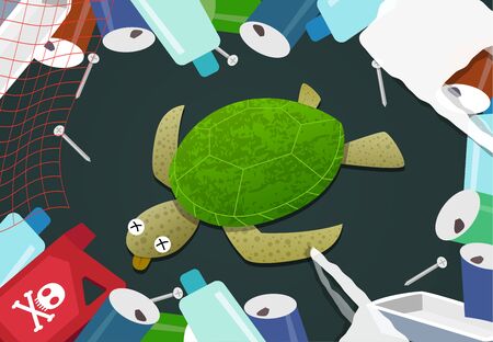 Dead turtle in pile of garbage at ocean pollution, vectorのイラスト素材