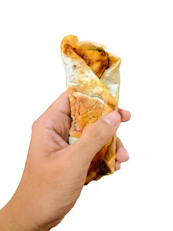 Pov, Showing Kebab on my hand. Isolated on white backgroundの写真素材