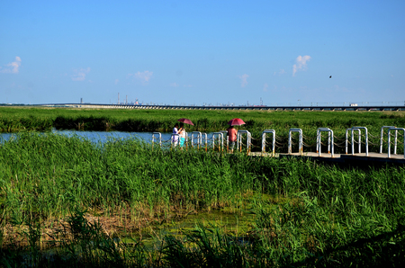 People at the dock in a lakeのeditorial素材