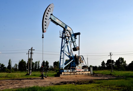 Oil derricks in a fieldのeditorial素材