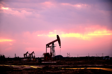 Oil pump jacks in a field under sunset skyのeditorial素材