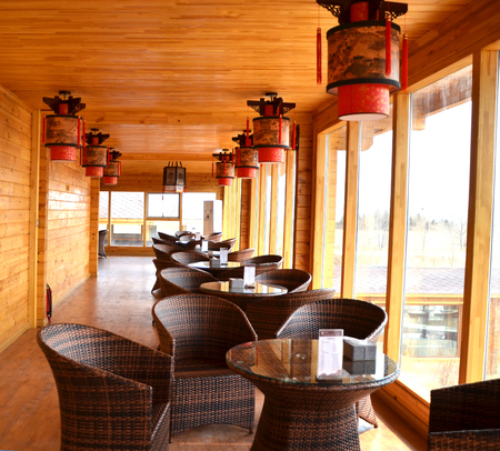 Cozy cafe in a wooden buildingのeditorial素材