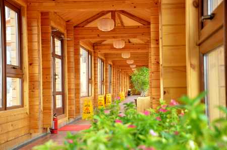 Wooden corridor with plantsのeditorial素材