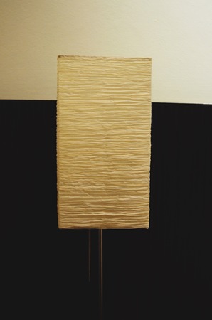 wall is decorated with wooden panels and lampsの写真素材