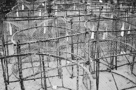 Basket fish trap catch crabs,lobsters fishes on the ocean ,selective focus at midgroundの写真素材
