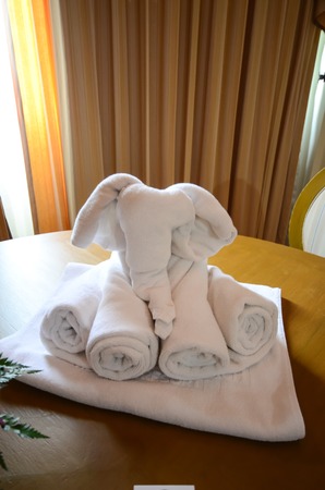 Elephant made by towel in thai hotelの写真素材
