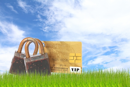 Credit card and Padlock  Concept of a safe paymentの写真素材