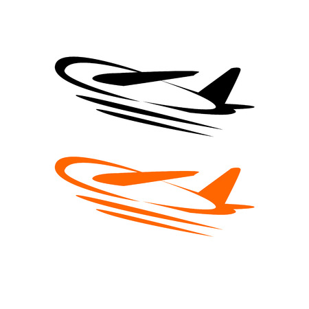 Flying airplane - stylized vector illustration. Grey icon on white backgroundのイラスト素材