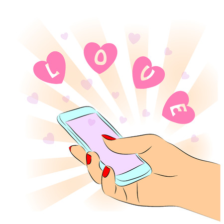 Hand holding mobile phone with icons heart. Concept of communication in the network. Design for Valentine's Day.のイラスト素材