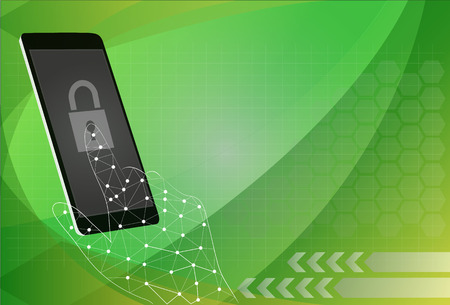 Vector security concept - hand and mobile phone with touchscreen and fingerprint on it - user identification and data protectionのイラスト素材