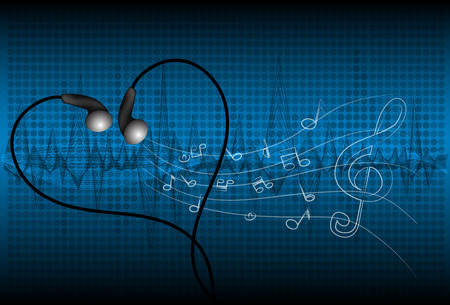 Black wire headphones earplugs with colored sound waves poster vector illustrationのイラスト素材
