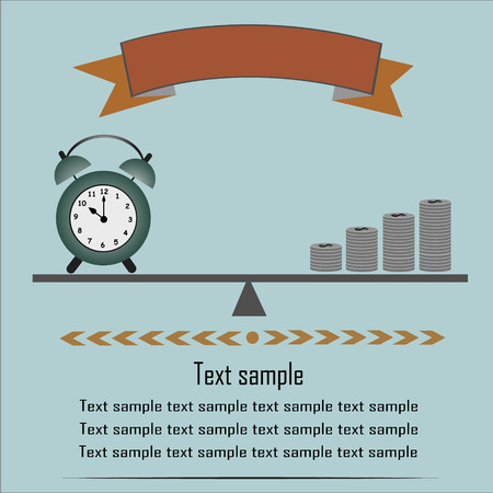 Clock and money coins stack balancing on a seesawのイラスト素材