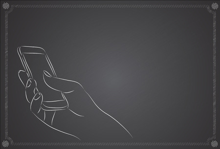 Hand Holding Mobile, arm with cell, on the blackboard.のイラスト素材