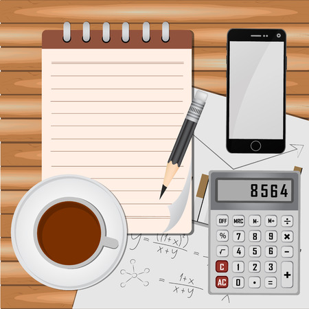Top view on opened notebook, smartphone, pen and cup of coffee on dark wooden office desk.のイラスト素材
