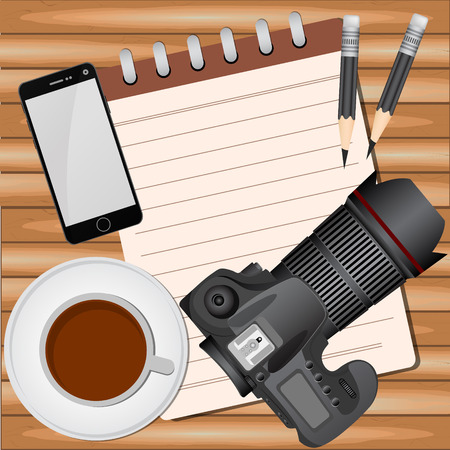 Top view on a table in the workplace with coffeeのイラスト素材