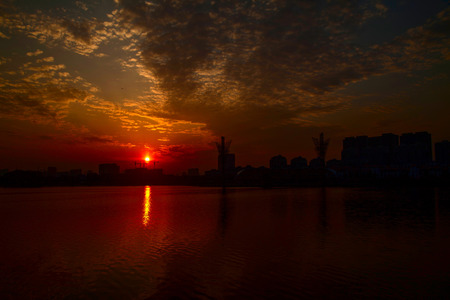 Star lake sunset sceneryの写真素材