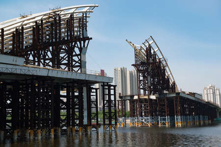 The unfinished bridge over the Haihe River in Tianjin Binhai New Area