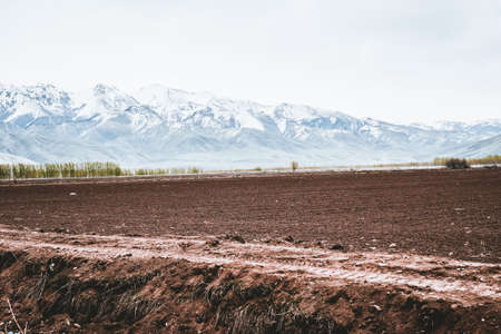 Agricultural land snow mountain black soilの写真素材