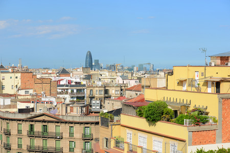 Barcelona skyline and Torre Agbar, Barcelona, Catalonia, Spian. Torre Agbar is designed by French architect Jean Nouvel.の写真素材