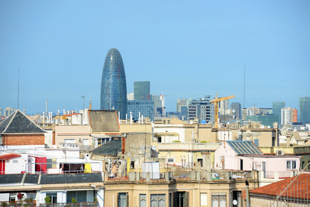 Barcelona skyline and Torre Agbar, Barcelona, Catalonia, Spian. Torre Agbar is designed by French architect Jean Nouvel.の写真素材