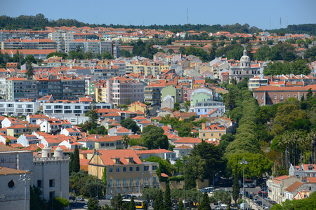 Belem District skyline from Monument to the Discoveries, Lisbon, Portugalの写真素材