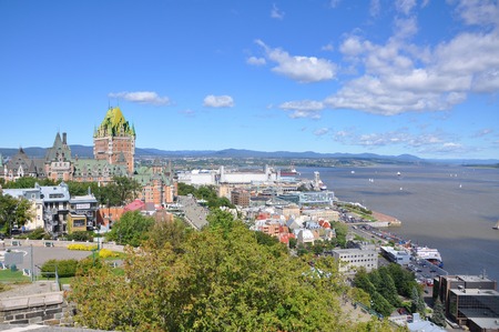 Old Quebec City skyline and Chateau Frontenac in summer, viewed from La Citadelle, Quebec City, Quebec, Canadaの写真素材