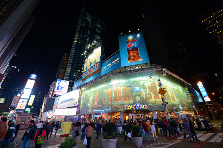 Times Square at Broadway at night wide angle, Manhattan, New York City, USAのeditorial素材