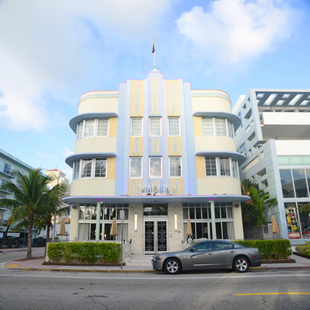Marlin Hotel with Art Deco Style Building in Miami Beach, Miami, Florida, USA. Marlin Hotel on Collins Avenue is one of the most famous Art Deco architecture in South Beach.のeditorial素材