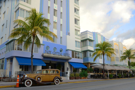 Art Deco Style Building Park Central and antique Car in Miami Beach in the morning, Miami, Florida, USA.のeditorial素材