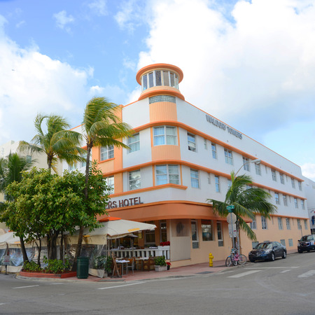 Art Deco Style Building Waldorf Towers Hotel in Miami Beach in the morning, Miami, Florida, USA.のeditorial素材