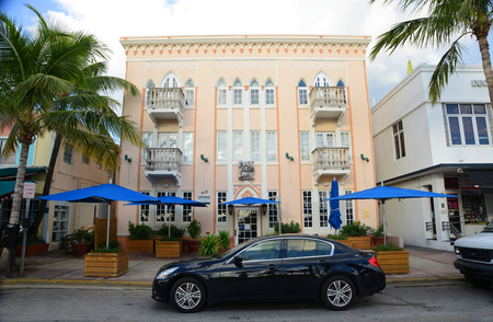 Art Deco Style Building Fat Tuesday Hotel on Ocean Drive in Miami Beach in the morning, Miami, Florida, USA.のeditorial素材