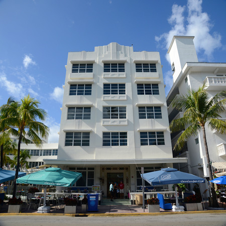 Art Deco Style Building Clevelander Hotel in Miami Beach in the morning, Miami, Florida, USA.のeditorial素材