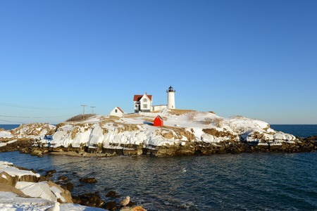 Cape Neddick Lighthouse (Nubble Lighthouse) at Old York Village in winter, Maine, USAの写真素材