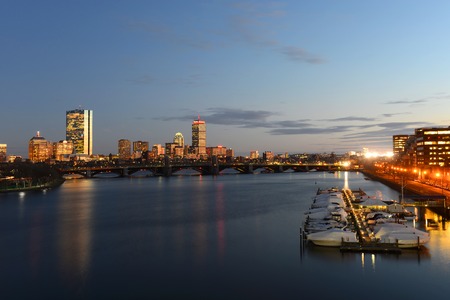 Boston Back Bay Skyline John Hancock Tower and Prudential Center night scenes, viewed from Cambridge, Boston, Massachusetts, USAのeditorial素材