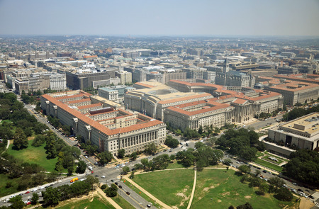 Aerial View from Washington Monument Aerial view of Andrew W Mellon Auditorium, Ronald Reagan Building and Old Post Office from the top of Washington Monument in Washington DC, USA.のeditorial素材