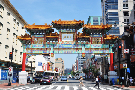 WASHINGTON DC - AUG 11, 2010: The Friendship Archway spanning H Street in the heart of Chinatown at night, Washington DC, USA.のeditorial素材
