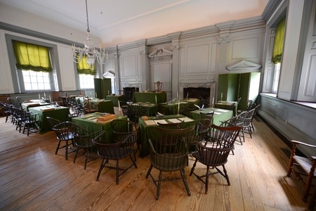 Assembly Room in Independence Hall in old town Philadelphia, Pennsylvania, USA. Both the Declaration...