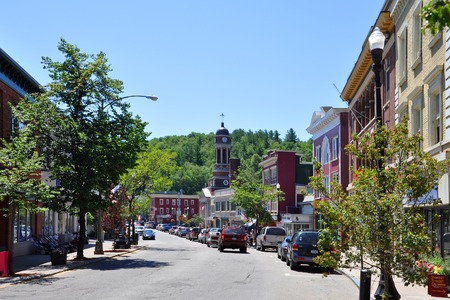 Main Street in village of Saranac Lake in Adirondack Mountains, New York, USA.のeditorial素材