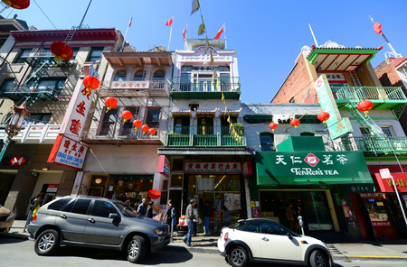 Antique Chinese style building on Grant Avenue in Chinatown, San Francisco, California, USA.のeditorial素材