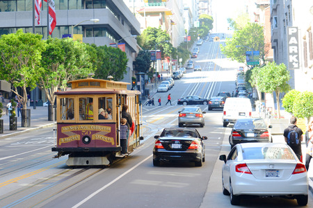 SAN FRANCISCO - MAR. 15, 2014: Antique Cable Car on California Street in downtown San Francisco, California, USA.のeditorial素材