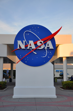 NASA sign in Kennedy Space Center Visitor Complex in Merritt Island, Florida, USA.のeditorial素材