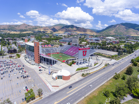 Aerial view of Rice-Eccles Stadium in University of Utah in Salt Lake City, Utah, USA. It is the...