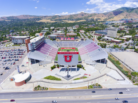 Aerial view of Rice-Eccles Stadium in University of Utah in Salt Lake City, Utah, USA. It is the home of Utah Utes and served as the main stadium for 2002 Winter Olympics.のeditorial素材