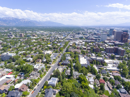 Aerial view of Salt Lake City downtown in Salt Lake City, Utah, USA.
