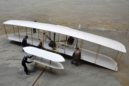 Model of First Airplane in Wright Brothers National Memorial in Kill Devil Hills, North Carolina, USAのeditorial素材